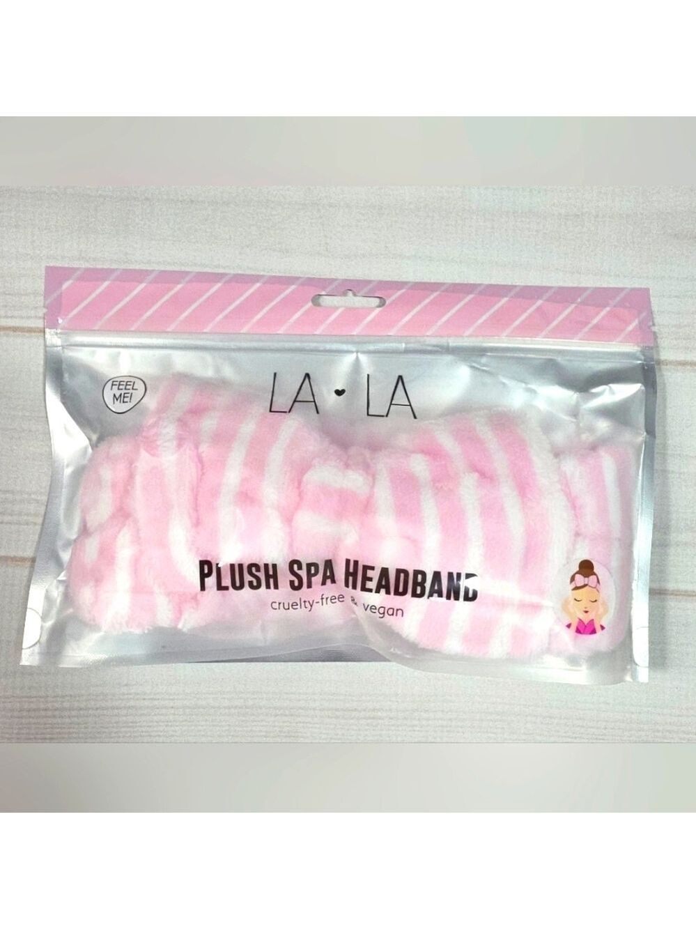 LA LA Pink & White Plush Spa Headband w/Bow - New In Package